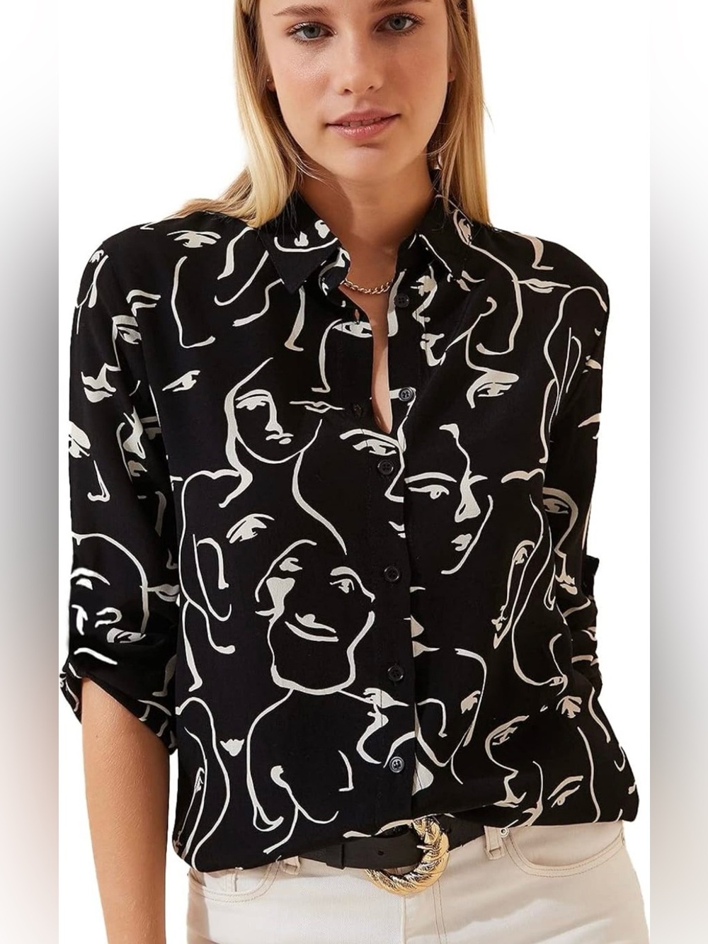 Big Dart Abstract Face Print Button Front Blouse Black White Artsy Oversized 2X